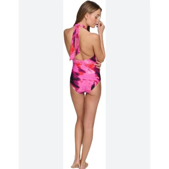 DKNY Womens Size Large Tie Back Halter Style One Piece Swimsuit Pink Black New - Picture 2 of 7